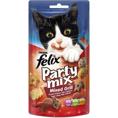 alimento gatto "felix party mix mixed grill" con manzo, pollo e salmone.