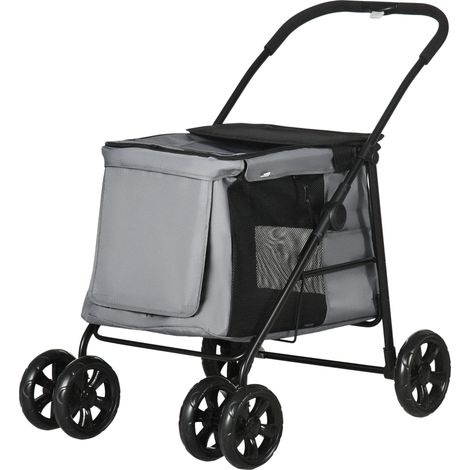 Chariot pour chien pliable avec coussin et 3 poches latérales gris 102x62x105 cm