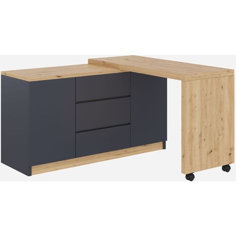 Bureau pliable à roulettes gris et chêne, bureau d'angle pivotant avec rangements 120x50x76.5cm (1/5)