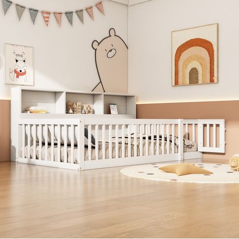 Cama individual de pino y MDF blanca 90x200 cm con somier de láminas, barandillas de seguridad y estantes laterales (1/5)