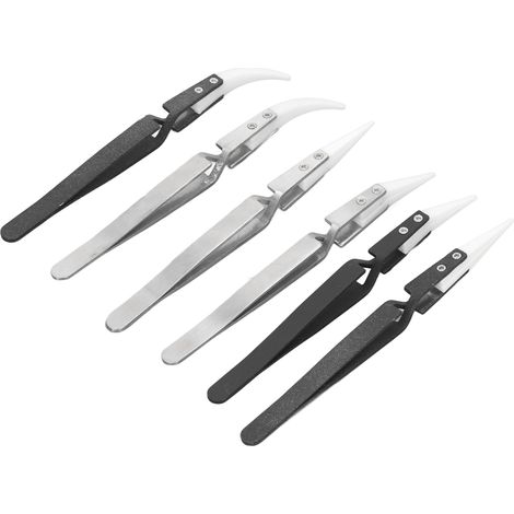 6-teiliges Set antimagnetischer Lötpinzetten, spitz und gebogen, aus Edelstahl und Keramik, hitzebeständig (1/5)