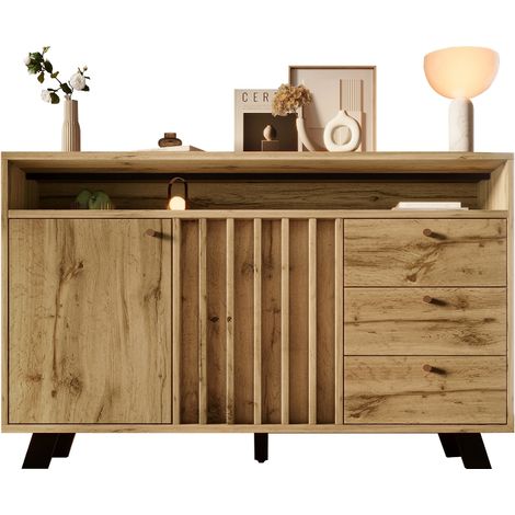 Sideboard mit 3 Schubladen und 2 Türen, 120x40x85 cm, Kommode in dunkler Eiche mit Lamellenfront und offenem Fach für Wohnzimmer und Flur (1/5)