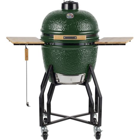 Barbecue à charbon de bois Kamado Céramique Vert - 2 zones de cuisson Grill & Fumoir Ø56cm - Barbecue mobile + 2 tablettes INTEC (1/5)