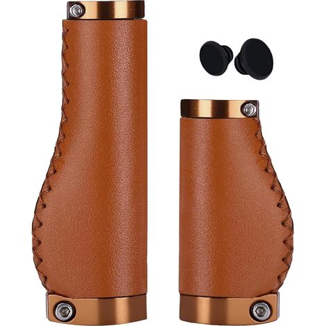 Manopole Bicicletta, Manubrio MTB in Pelle, Manopole in Alluminio ergonomiche e Antiurto, Doppio Fissaggio, Compatibile con MTB, E-Bike e BMX (1/5)