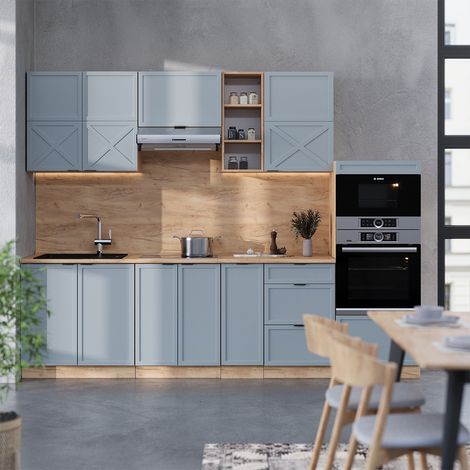 Mueble de cocina Fame-Line, Roble azul claro/gris dorado, 280 cm sin encimera, Vicco