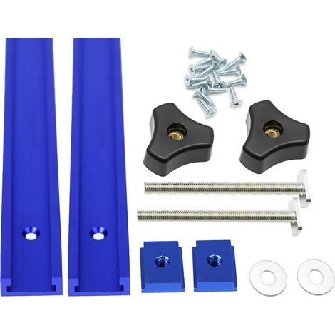 Lot de 2 rails à rainure en T bleu 400 mm en aluminium avec curseur M8, vis M8 avec vis à bouton, vis autotaraudeuses pour gabarit de travail du bois (1/2)