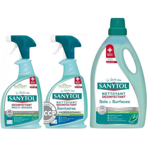Pack: 2 pulvérisateurs nettoyant désinfectant PRO multi usages et sanitaires + 1 bidon 5L nettoyant sol eucalytpus SANYTOL
