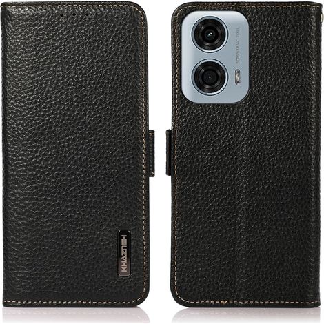 Custodia in pelle Khazneh RFID per Motorola Moto G04 / G24 / G24 Power, texture litchi, nera (1/5)