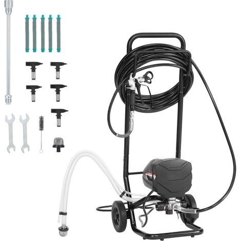 Pistolet de peinture airless 650W, 3000PSI, avec chariot, brosse de nettoyage, flexible, rallonge et buses, pour intérieur et extérieur de maison. (1/5)