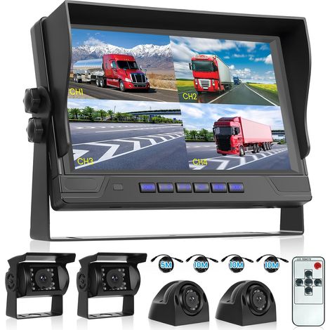 Caméra de Recul Écran HD 9 Pouces Moniteur 4 Ecrans Divisés, 4 Cameras de Recul Etanche IR Vision Nocturne DVR Kit Caméra Recul Filaire écran pour Voiture Camping-Car Camion Remorque 12V-36V (1/5)