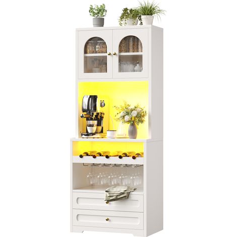 CHICFURN Vitrina alta blanca con puertas de vidrio curvas, LED con app y música, estantes ajustables, botellero, USB y antivuelco para salón, cocina y comedor (1/5)