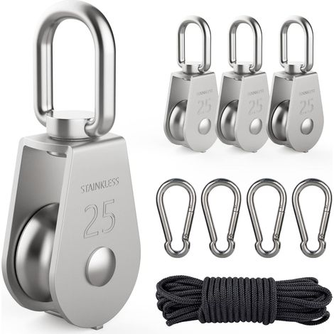 Poulie Simple M25 Acier Inoxydable - Lot de 4 - Charge 150kg - Rotation 360 Degrés - Pour Cable Acier et Nylon - Extérieur et Bateau (1/5)