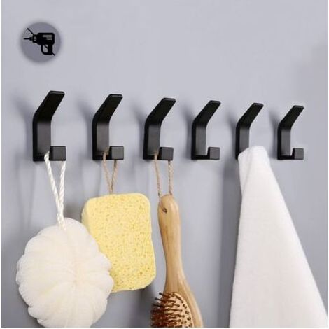 6-teiliges Set selbstklebender Haken, Doppelhandtuchhaken für Badezimmer, selbstklebende Wandhalterung für Küche, Bad, Büro, Kleiderschrank, Aluminium, Schwarz (1/5)