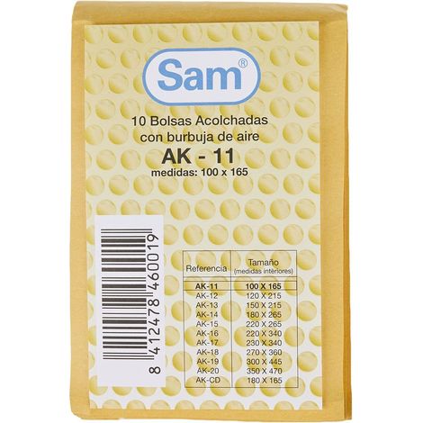 PAQUETE 10 UDS. BOLSA AIR BAG ACOLCHADA ENVIOS ESPECIALES AK-11 KRAFT AUTOADHESIVO MEDIDA INTERIOR  100X165, 10 GRS. SAM 146001 (1/3)