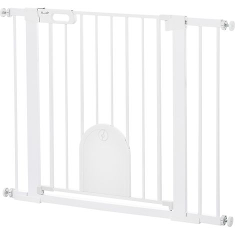 Barrière sécurité acier blanc – Porte fermeture automatique, double verrouillage – Sécurité animaux domestiques, robuste (1/5)