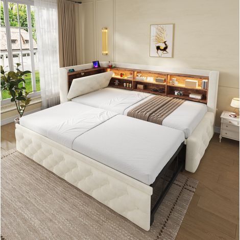 Letto estraibile 90x190 cm in velluto beige con contenitore, LED e porte USB/Type-C (1/5)