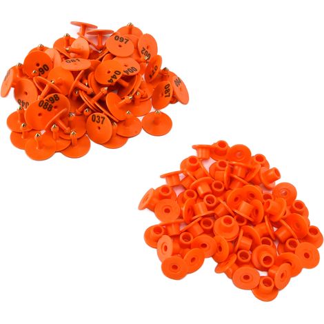 100 boucles auriculaires anti-chute pour bétail (porcs, renards, moutons), rondes et numérotées, orange. (1/5)