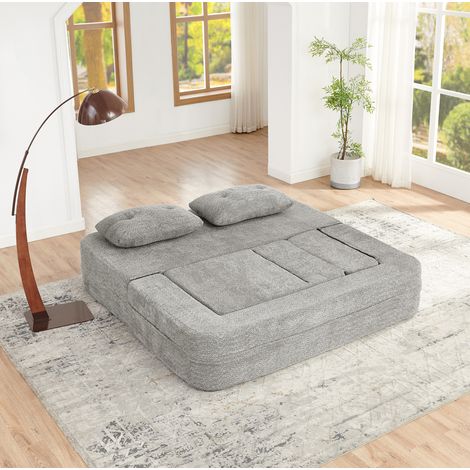 Canapé convertible modulaire gris clair en tissu avec fauteuil intégré et poches latérales (1/5)