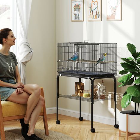 Cage à oiseaux 116 cm Noir avec séparateur, mangeoires, plateau amovible et support pour canaris et perruches 76x46x46/ (1/4)