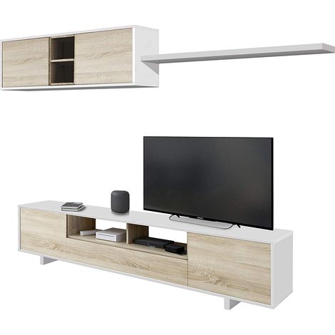 Mobile Basso Porta TV Parete Attrezzata Per Salotto E Zona Living Con 3 Vani Chiusi E 2 A Giorno Pensile Design Moderno Minimal 200 x 42 x 47 Cm Colore Bianco E Rovere (1/5)