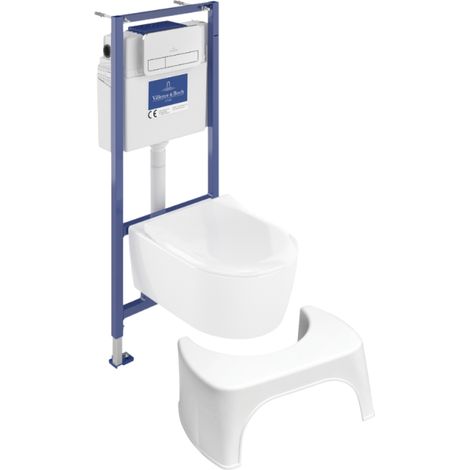 Pack inodoro suspendido sin reborde VILLEROY ET BOCH Avento + estructura de soporte ViConnect Pro + asiento con cierre suave + placa cromada mate + taburete blanco