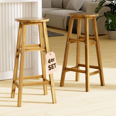 CASARIA® 4x Tabourets de bar chaises hautes bois d'acacia assise ronde avec repose-pieds hauteur 75 cm style rustique (1/5)