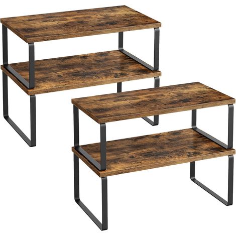Lot de 4 Étagère, Empilable, Extensible, Métal, Bois d'ingénierie, Cuisine, Placard (1/5)