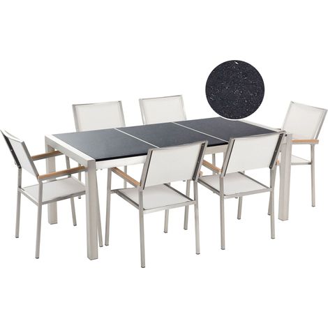 Set da Giardino Tavolo Piano Granito Nero 6 Sedie Bianche 180 x 90 cm Grosseto (1/5)