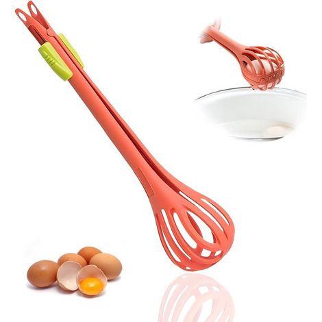 Batidor de huevos multifuncional, Batidor de huevos y pinza de silicona 2 en 1 para cocina, Batidor de huevos de silicona, Naranja (1/5)