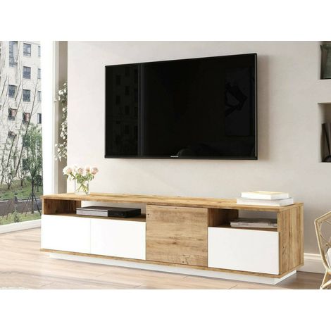 Dmora - Mueble de televisión Dgiulian, Aparador de salón, Mueble bajo para TV, Base de pared equipada, 180x45h45 cm, Roble y Blanco (1/5)