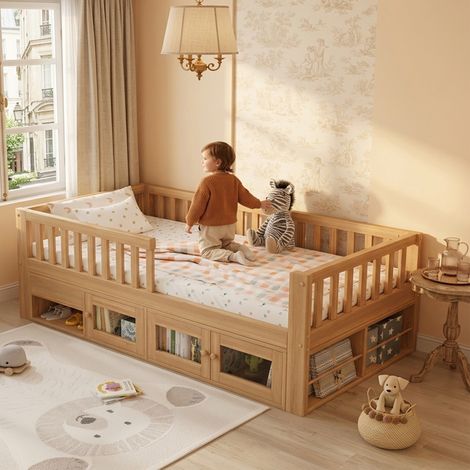 Lit enfant en bois 90x200 cm avec garde corps sécurité et tiroir Lit coffre avec  armoire à double porte Naturel
