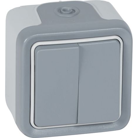 Double Interrupteur ou va-et-vient Étanche, Plexo Complet Saillie, 10AX, 250V, Gris
