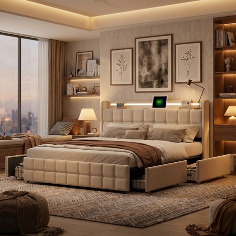 Lit avec tiroirs 160x200 cm avec éclairage led ,sommier à lattes- lit adulte double 2 places avec ports usb moderne - tissu lin ,beige (1/5)