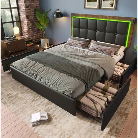 Letto matrimoniale imbottito per adulti 140 x 200 cm con striscia luminosa a LED e 4 cassetti, testiera regolabile in altezza, PU, ​​nero, senza materasso (1/5)