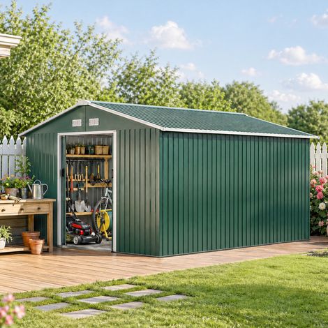 Remise de jardin en acier imperméable avec fenêtres d’aération et portes coulissantes, stockage protecteur et durable pour jardin vert foncé (1/4)