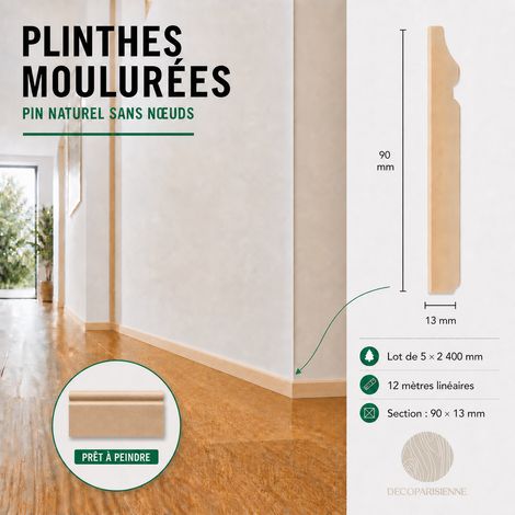 Lot 5 Plinthes Moulurées Bois - 12 Mètres - Pin Naturel Massif - Sans Nœud - a Peindre