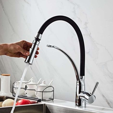 Robinet Cuisine, Mitigeur Cuisine de Flexible Bec Pivotant à 360° et Tuyau en Silicone Noir,avec Douchette Extractible et Pulvérisateur Double Fonction, Froid & Chaud Disponible(Sans tuyau de (1/3)
