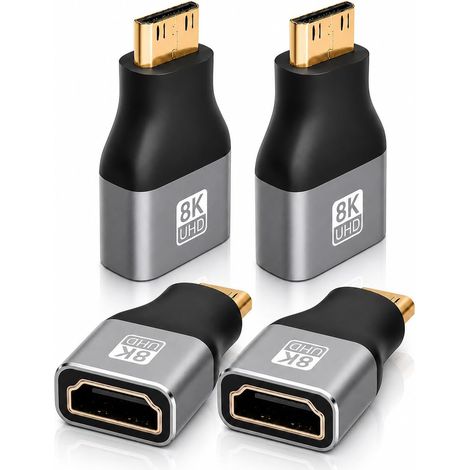 Adaptateur HDMI 2.1 8K (4 pièces), Micro HDMI vers port vidéo standard, adaptateur de connecteur numérique, adaptateur HDMI vers HDMI, compatible avec ordinateurs portables, tablettes et caméscopes (1/5)