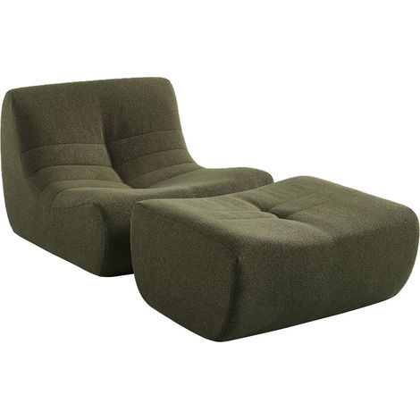 sweeek - Sessel mit strukturiertem Bouclé-Bezug und Hocker, Strukturiertes Bouclé, Khaki
