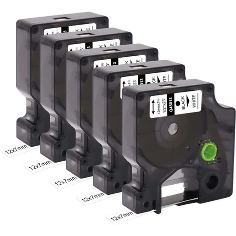 Lot de 5 bandes de rechange pour étiquettes compatibles Dymo D1 45013 S0720530 (12 mm x 7 m) - Ruban adhésif noir sur ruban blanc avec Dymo Label Manager 160 200 210D 280 360D 420P 450D (1/4)
