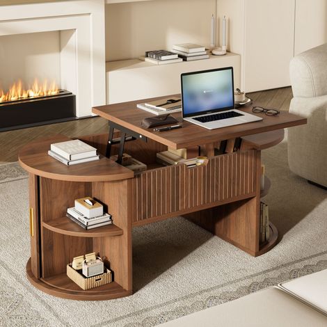 DESMIU Table basse avec plateau réglable, 2 portes et niches ouvertes, pour salon, en MDF, noyer, 100 × 50 × 40,5 cm (1/5)