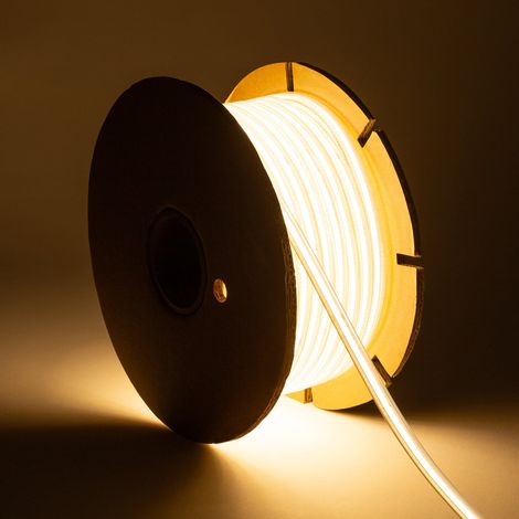 Tira LED Regulable 220V COB Autorrectificada 320 LED/m BOBINA 50m 14W/m 1120lm/m SILICONE FLEX Ancho 10mm Corte 25cm IP65 3000K Blanco Cálido