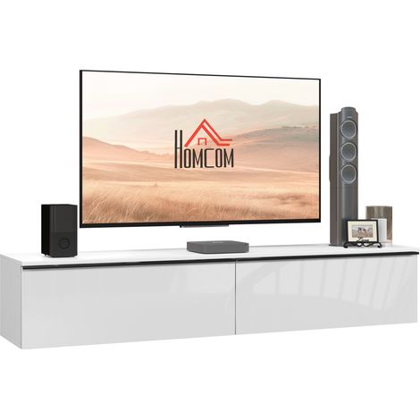 160cm Wall Mounted TV Unit for TVs up to 70",High Gloss Floating Cabinet with Storage,Modern White Design