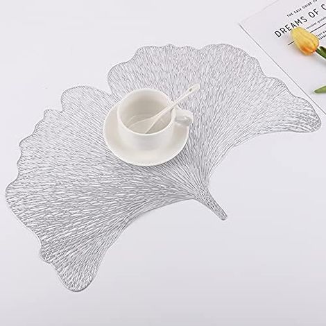 Pack Ginkgo Biloba Decorative Placemats PVC Placemats Hollow Table Placemats Heat Resistant Non-Slip Placemats Leaf Placemat for Home Kitchen (Silver) (1/5)