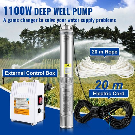 Pompe immergée puits profond 1100W 230V/50Hz 190L/min 57m, acier inox 10.2 cm, câble 20m + boîtier ctrl, IP68 pour industrie arrosage maison (1/5)