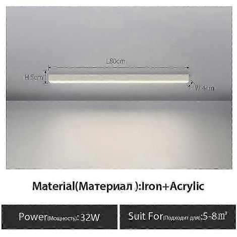 Lampe linéaire minimaliste à montage en surface, longue bande LED, pour balcon, couloir, vestiaire, salon, salle à manger, plafonnier, noir (L80 cm, lumière blanche 6000 K) (1/5)
