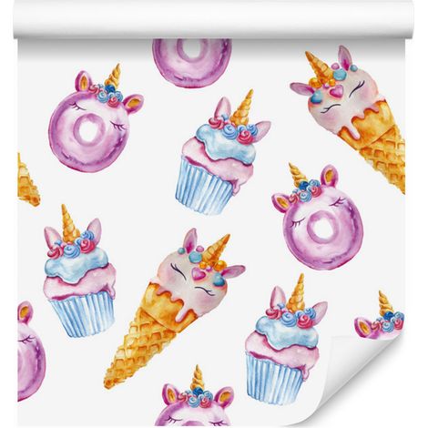 Carta da parati con unicorni e dolciumi per soggiorno e camera da letto 50x1000 cm (1/5)