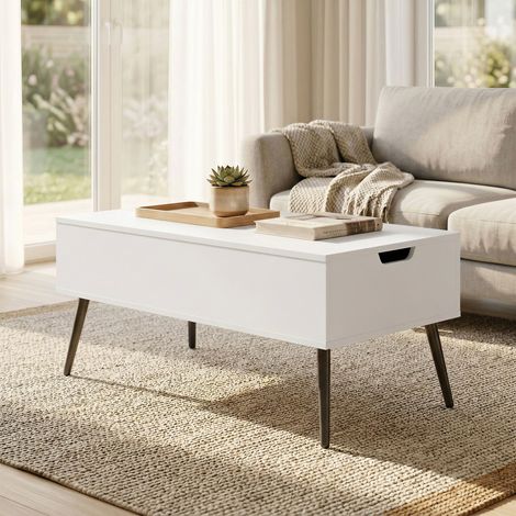 Table basse réglable en hauteur, table de salon avec rangement dissimulé, 50 x 100 cm, blanche (1/5)