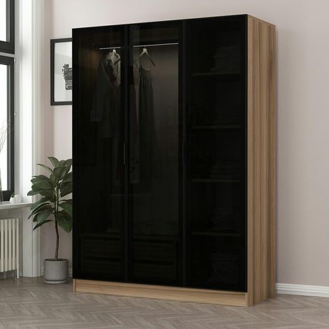 Armoire penderie design effet bois, 3 portes vitrées BYRON (1/5)