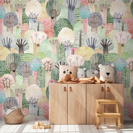 Fotomural Profhome 398611 papel pintado vinílico estampado en caliente tejido non tejido liso con dibujo infantil mate verde rosa azul amarillo 1,59 m x 2,8 m (1/3)